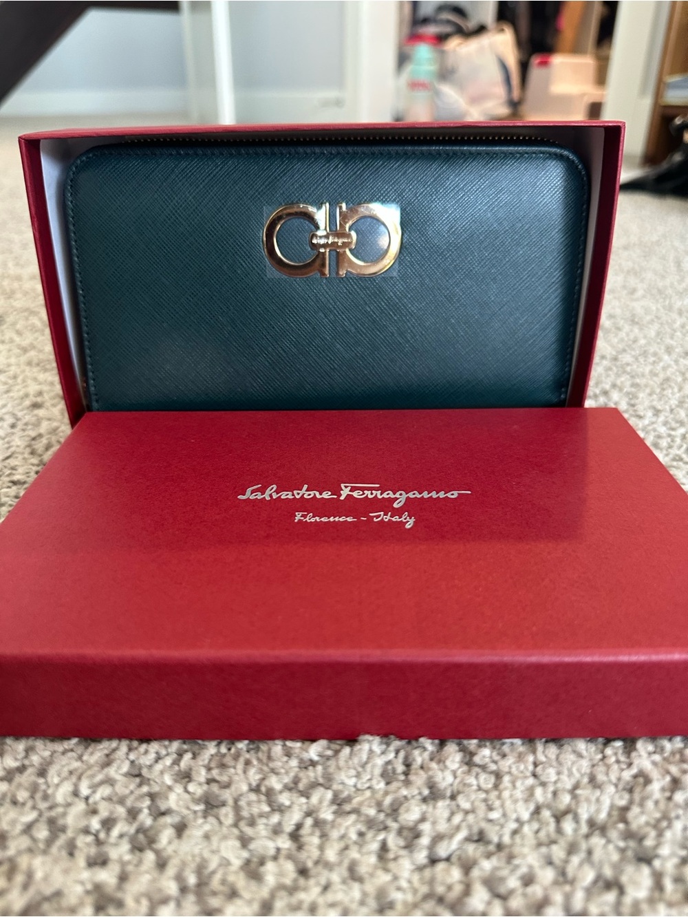 Salvatore Ferragamo Dark Green Saffiano Zip-Around Wallet with Gold Gancini